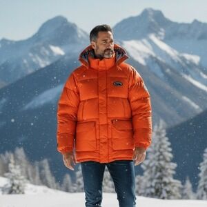 VTG First Down Rugged Orange Hooded Down Fill Puffer Parka Jacket Mens Size L